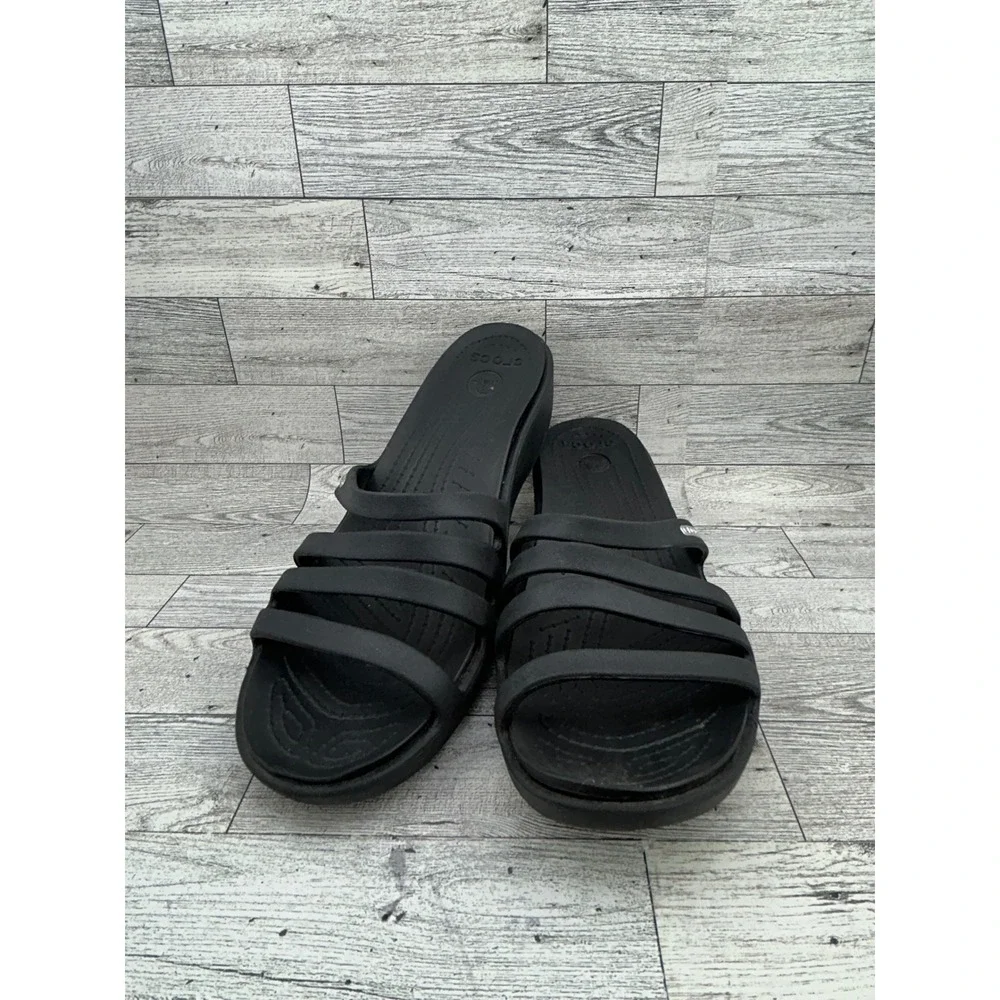 Crocs Women's‎ Rhonda Black Multi Strap Wedge Sandals Slides Comfort Size 11